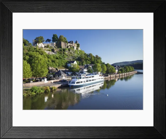 Framed Print : Excursion boat on Saar River, castle ruin, Saarburg, Rhineland-Palatinate, Germany Framed Print : Excursion boat on Saar River, castle ruin, Saarburg, Rhineland-Palatinate, Germany