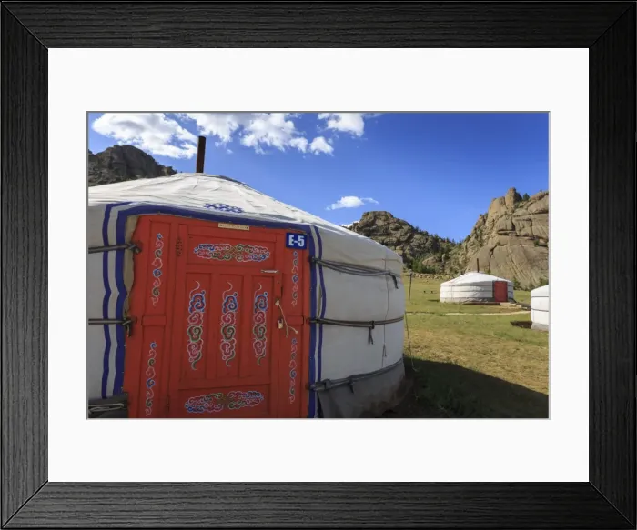 Framed Print : Tourist ger camp in front of rocky outcrop in fine weather in summer, Terelj National Park Framed Print : Tourist ger camp in front of rocky outcrop in fine weather in summer, Terelj National Park
