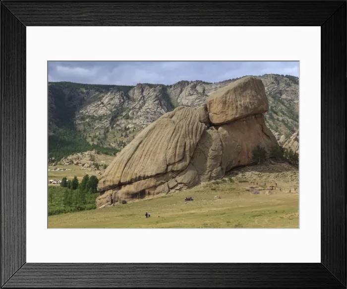 Framed Print : Turtle Rock, rock formation, with many visitors and distant tourist ger camps in summer Framed Print : Turtle Rock, rock formation, with many visitors and distant tourist ger camps in summer