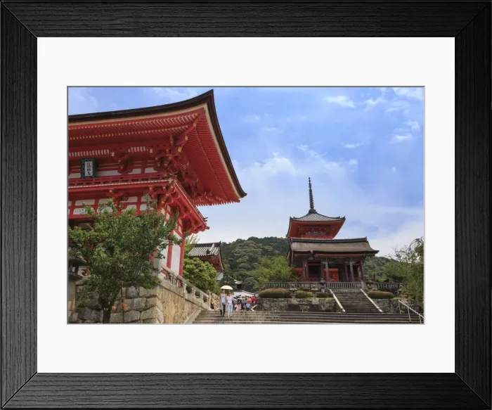 Framed Print : Visitors with sun umbrella in summer, vermillion temple entrance buildings, Kiyomizu-dera Framed Print : Visitors with sun umbrella in summer, vermillion temple entrance buildings, Kiyomizu-dera
