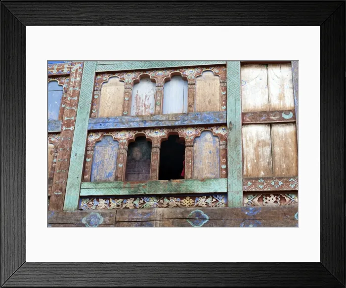 Framed Print : Monk looking out of window with fading blue paint in Wangdue Chhoeling Palace, in Framed Print : Monk looking out of window with fading blue paint in Wangdue Chhoeling Palace, in
