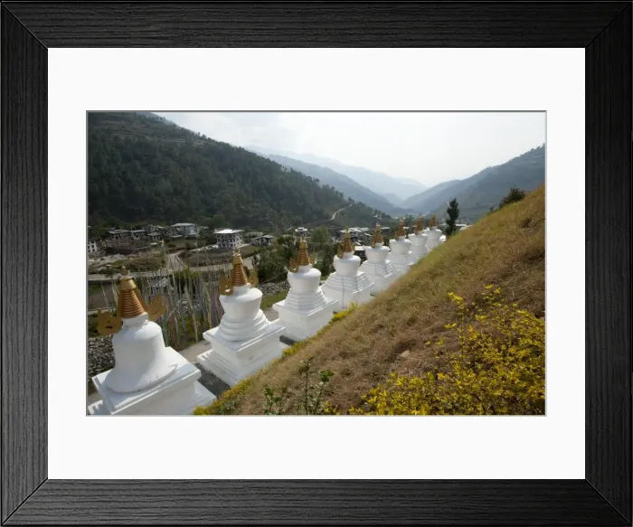 Framed Print : Row of white chortens at the entrance to Rangjung Buddhist monastery in the beautiful Framed Print : Row of white chortens at the entrance to Rangjung Buddhist monastery in the beautiful