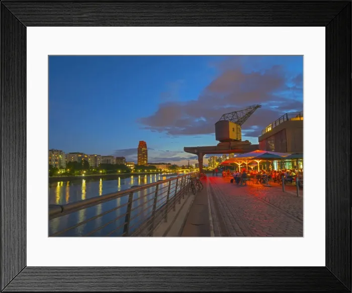 Framed Print : Restaurant beneath old dockyard crane by River Main, Frankfurt-am-Main, Hesse, Germany Framed Print : Restaurant beneath old dockyard crane by River Main, Frankfurt-am-Main, Hesse, Germany