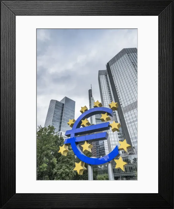 Framed Print : Eurotower, former seat of the European Central Bank, and Euro Symbol, Frankfurt am Main Framed Print : Eurotower, former seat of the European Central Bank, and Euro Symbol, Frankfurt am Main