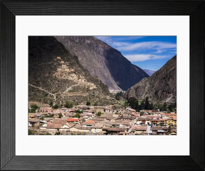 Framed Print : Ollantaytambo with Pinkullyuna Inca Storehouses in the mountains above, Sacred Valley of the Incas Framed Print : Ollantaytambo with Pinkullyuna Inca Storehouses in the mountains above, Sacred Valley of the Incas