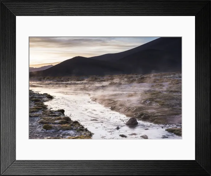 Framed Print : Geothermal river at sunrise at Chalviri Salt Flats (Salar de Chalviri), Altiplano of Bolivia Framed Print : Geothermal river at sunrise at Chalviri Salt Flats (Salar de Chalviri), Altiplano of Bolivia