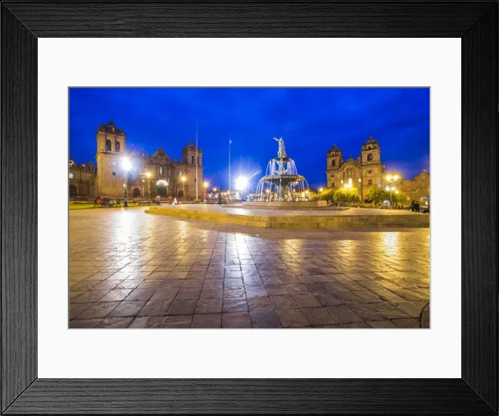 Framed Print : Plaza de Armas Fountain, Cusco Cathedral and Church of the Society of Jesus at night Framed Print : Plaza de Armas Fountain, Cusco Cathedral and Church of the Society of Jesus at night