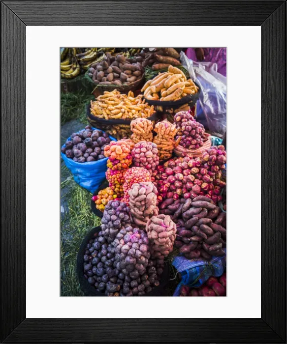 Framed Print : Different potatoes for sale at a food market in La Paz, La Paz Department, Bolivia Framed Print : Different potatoes for sale at a food market in La Paz, La Paz Department, Bolivia