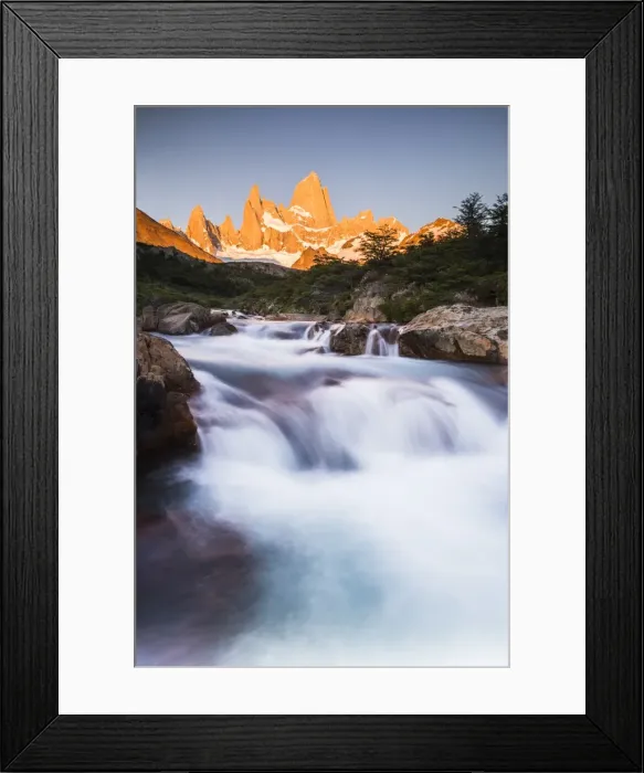 Framed Print : Sunrise Mount Fitz Roy (Cerro Chalten) and waterfall seen on Lago de los Tres hike Framed Print : Sunrise Mount Fitz Roy (Cerro Chalten) and waterfall seen on Lago de los Tres hike