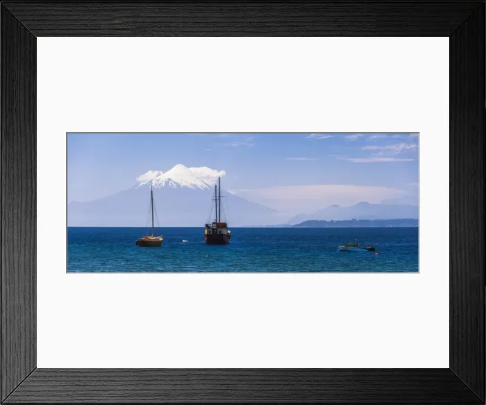 Framed Print : Capitan Hse Traditional Sailing Ship on Llanquihue Lake with Osorno Volcano behind Framed Print : Capitan Hse Traditional Sailing Ship on Llanquihue Lake with Osorno Volcano behind