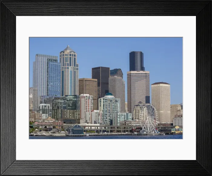 Framed Print : A view from Puget Sound of the downtown area of the seaport city of Seattle, King County Framed Print : A view from Puget Sound of the downtown area of the seaport city of Seattle, King County