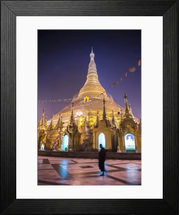 Framed Print : Buddhist monk at Shwedagon Pagoda (Shwedagon Zedi Daw) (Golden Pagoda) at night, Yangon (Rangoon) Framed Print : Buddhist monk at Shwedagon Pagoda (Shwedagon Zedi Daw) (Golden Pagoda) at night, Yangon (Rangoon)