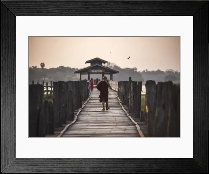 Framed Print : Buddhist Monk on U Bein Teak Bridge at sunrise, Mandalay, Mandalay Region, Myanmar (Burma) Framed Print : Buddhist Monk on U Bein Teak Bridge at sunrise, Mandalay, Mandalay Region, Myanmar (Burma)