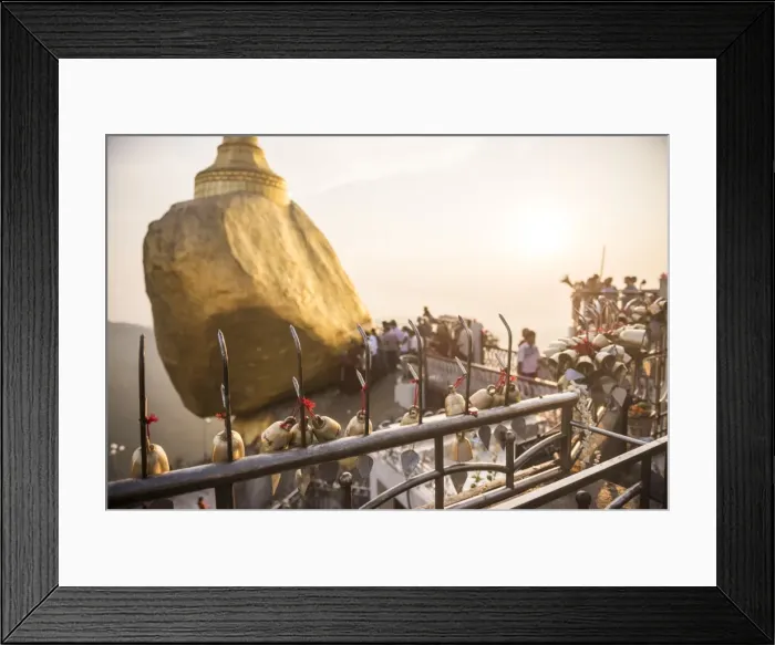 Framed Print : Prayer bells at sunset at Golden Rock Stupa (Kyaiktiyo Pagoda), Mon State, Myanmar (Burma) Framed Print : Prayer bells at sunset at Golden Rock Stupa (Kyaiktiyo Pagoda), Mon State, Myanmar (Burma)
