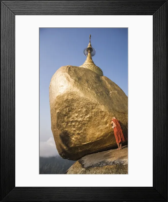 Framed Print : Buddhist Monk praying at Golden Rock (Kyaiktiyo Pagoda), Mon State, Myanmar (Burma), Asia