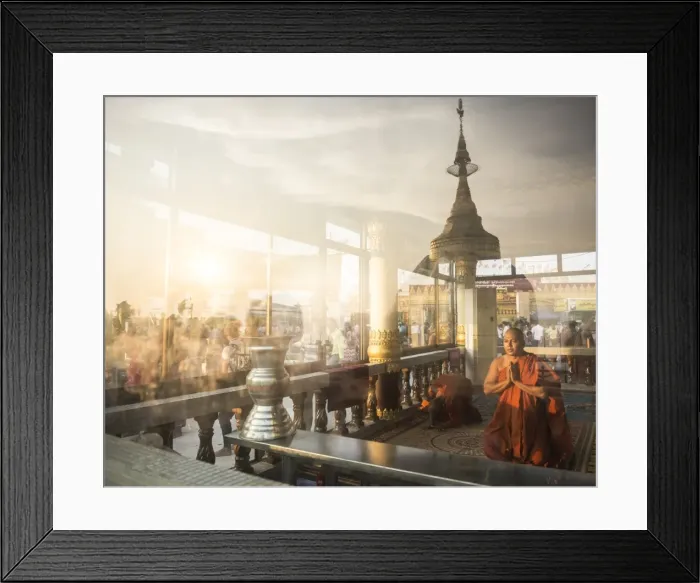 Framed Print : Buddhist Monks praying at Golden Rock Temple (Kyaiktiyo Pagoda) at sunset, Mon State Framed Print : Buddhist Monks praying at Golden Rock Temple (Kyaiktiyo Pagoda) at sunset, Mon State