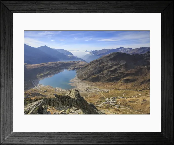 Framed Print : View of Lake Montespluga from Pizzo Della Casa, Chiavenna Valley, Spluga Valley, Valtellina Framed Print : View of Lake Montespluga from Pizzo Della Casa, Chiavenna Valley, Spluga Valley, Valtellina