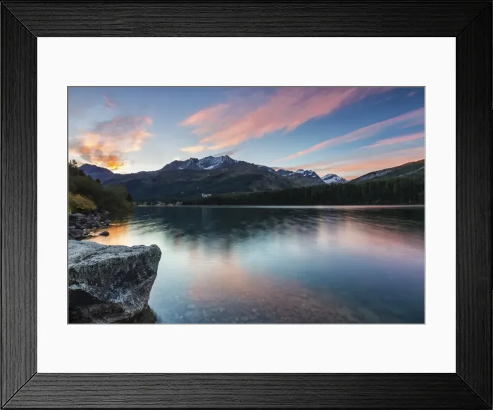 Framed Print : Pink sky at dawn illuminates the peaks reflected in Lake Sils, Engadine, Canton of Graubunden