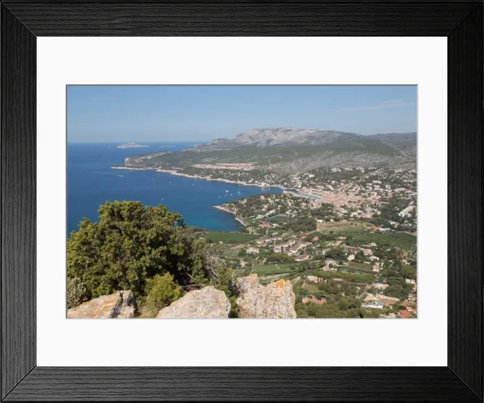 Framed Print : View of the coastline and the historic town of Cassis from a hilltop, Cassis, Cote d Azur Framed Print : View of the coastline and the historic town of Cassis from a hilltop, Cassis, Cote d Azur