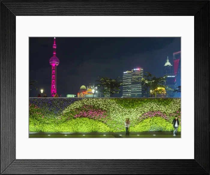 Framed Print : Vegetal wall on the Bund and view over Pudong financial district skyline at night Framed Print : Vegetal wall on the Bund and view over Pudong financial district skyline at night