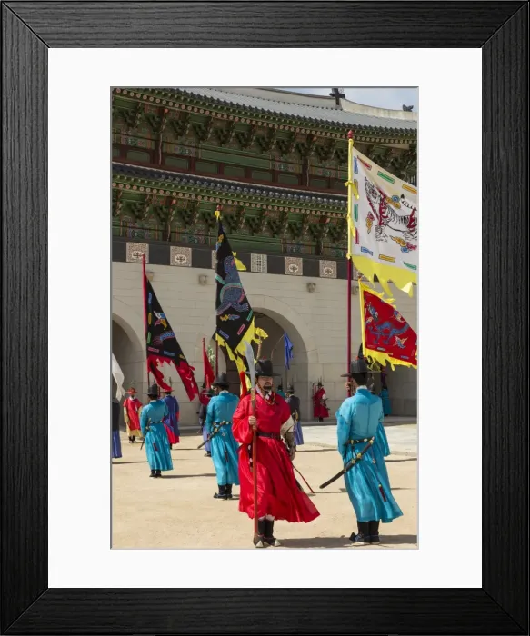 Framed Print : Marching with flags at Gwanghwamun gate, colourful Changing of the Guard Ceremony Framed Print : Marching with flags at Gwanghwamun gate, colourful Changing of the Guard Ceremony