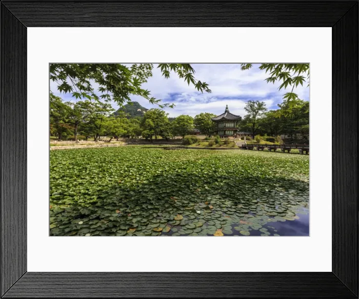 Framed Print : Hyangwonjeong, hexagonal pavilion on island in water lily filled lake in summer Framed Print : Hyangwonjeong, hexagonal pavilion on island in water lily filled lake in summer