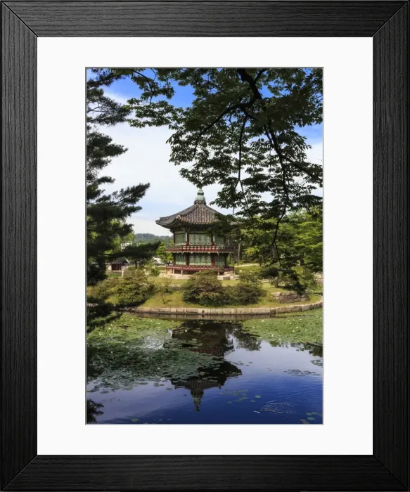 Framed Print : Hyangwonjeong, hexagonal pavilion reflected in water lily filled lake in summer Framed Print : Hyangwonjeong, hexagonal pavilion reflected in water lily filled lake in summer