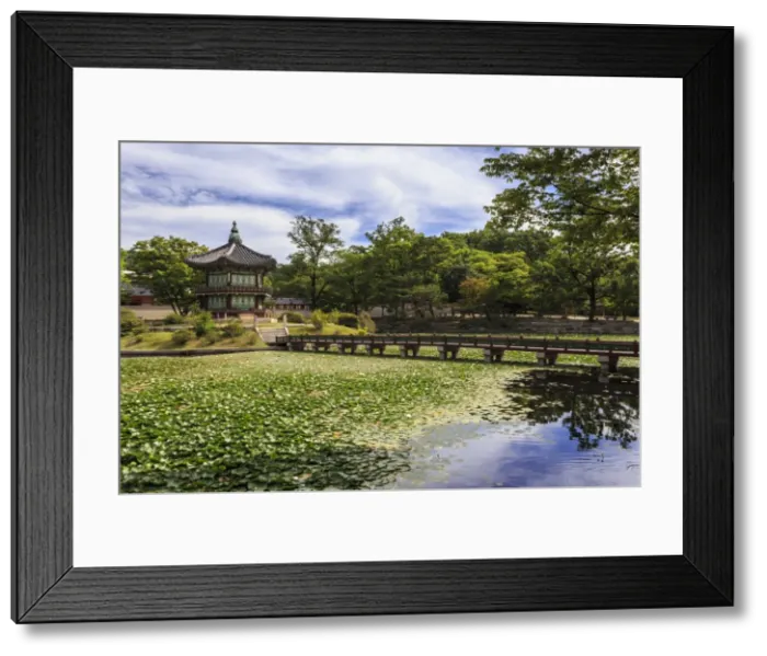 Framed Print : Hyangwonjeong pavilion and Chwihyanggyo bridge over water lily filled lake in summer Framed Print : Hyangwonjeong pavilion and Chwihyanggyo bridge over water lily filled lake in summer