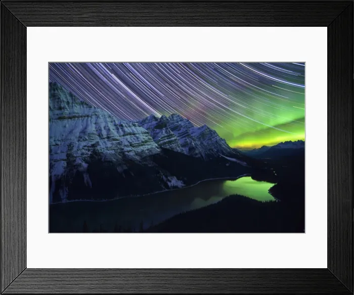 Framed Print : Star Trails and Northern Lights over Peyto Lake, Banff National Park, UNESCO World Heritage Site Framed Print : Star Trails and Northern Lights over Peyto Lake, Banff National Park, UNESCO World Heritage Site