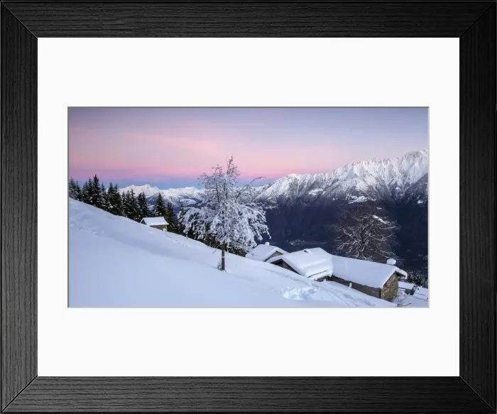Framed Print : Pink sky at dawn above snow covered huts and trees, Tagliate Di Sopra, Gerola Valley Framed Print : Pink sky at dawn above snow covered huts and trees, Tagliate Di Sopra, Gerola Valley