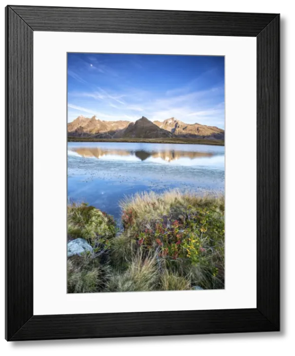 Framed Print : Peak Tambo and Peak Piani are reflected in Lake Andossi at sunrise, Spluga Valley Framed Print : Peak Tambo and Peak Piani are reflected in Lake Andossi at sunrise, Spluga Valley