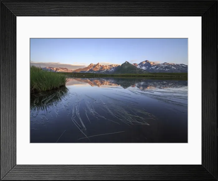 Framed Print : Mount Cardine and Peak Tambo are reflected in Lake Andossi at sunrise, Chiavenna Valley Framed Print : Mount Cardine and Peak Tambo are reflected in Lake Andossi at sunrise, Chiavenna Valley
