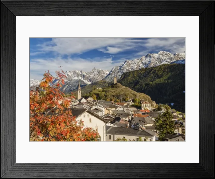 Framed Print : Autumn colors frame the village of Ardez surrounded by woods and snowy peaks, Engadine Framed Print : Autumn colors frame the village of Ardez surrounded by woods and snowy peaks, Engadine