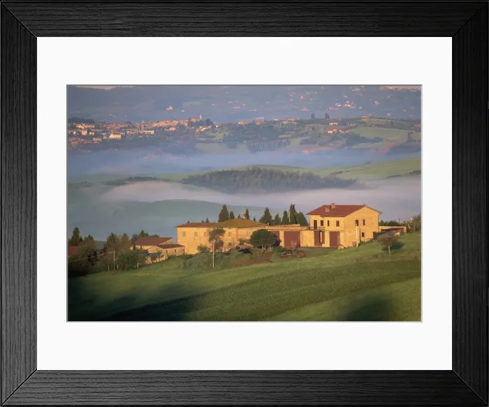 Framed Print : Houses in a misty landscape near Pienza Framed Print : Houses in a misty landscape near Pienza
