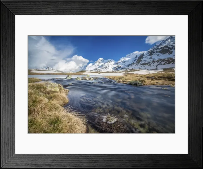 Framed Print : Lej Pitschen surrounded by snow capped mountains, Bernina Pass, Engadine, Canton of Graubunden Framed Print : Lej Pitschen surrounded by snow capped mountains, Bernina Pass, Engadine, Canton of Graubunden