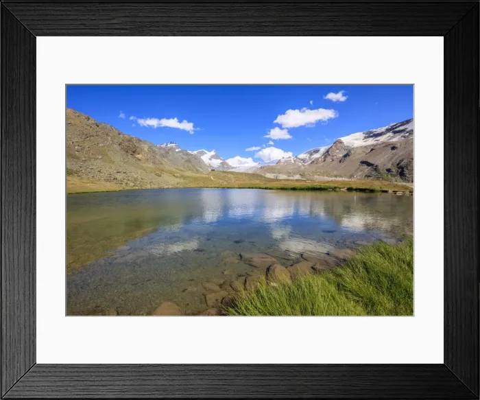 Framed Print : Snowy peaks reflected in Lake Stellisee, Zermatt, Canton of Valais, Swiss Alps, Switzerland Framed Print : Snowy peaks reflected in Lake Stellisee, Zermatt, Canton of Valais, Swiss Alps, Switzerland