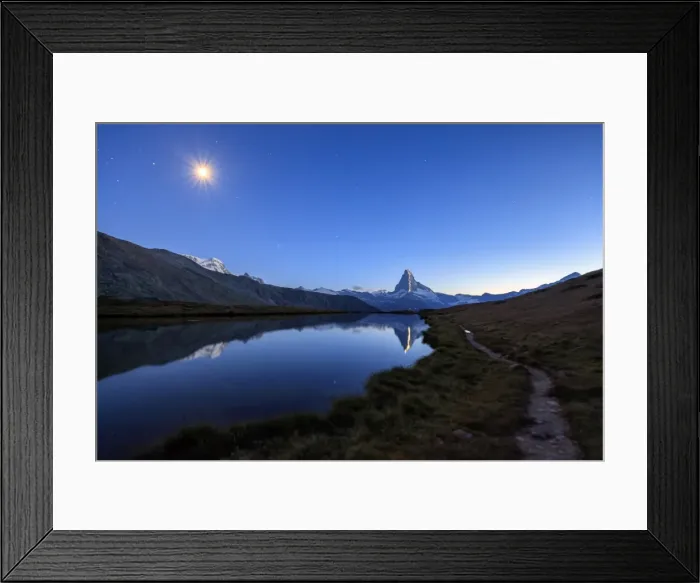 Framed Print : Full moon and Matterhorn illuminated for the 150th anniversary of the first ascent Framed Print : Full moon and Matterhorn illuminated for the 150th anniversary of the first ascent