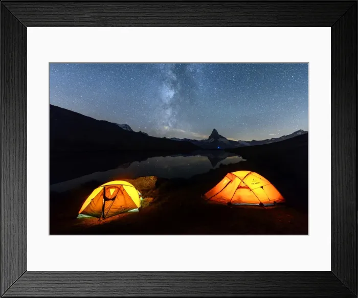 Framed Print : Camping under the stars with Matterhorn reflected in Lake Stellisee, Zermatt, Canton of Valais Framed Print : Camping under the stars with Matterhorn reflected in Lake Stellisee, Zermatt, Canton of Valais