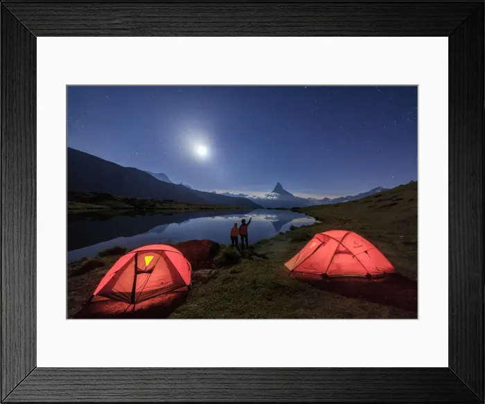 Framed Print : Hikers admire Matterhorn reflected in Lake Stellisee on a starry night of full moon Framed Print : Hikers admire Matterhorn reflected in Lake Stellisee on a starry night of full moon
