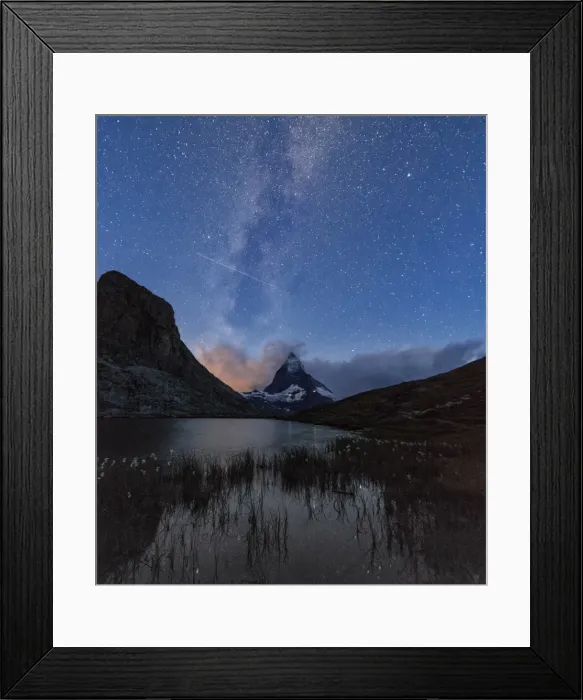 Framed Print : Stars and Milky Way above the Matterhorn reflected in Lake Stellisee, Zermatt, Canton of Valais Framed Print : Stars and Milky Way above the Matterhorn reflected in Lake Stellisee, Zermatt, Canton of Valais