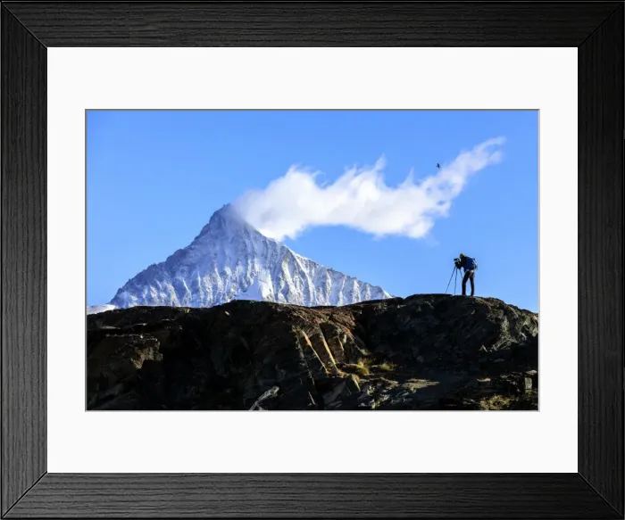 Framed Print : Photographer in action in front of the snowy Weisshorn, Zermatt, Valais, Pennine Alps Framed Print : Photographer in action in front of the snowy Weisshorn, Zermatt, Valais, Pennine Alps