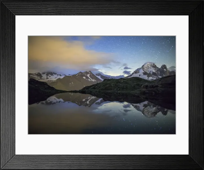 Framed Print : The stars illuminate the snowy peaks and reflected in Lac de Cheserys, Chamonix, Haute Savoie Framed Print : The stars illuminate the snowy peaks and reflected in Lac de Cheserys, Chamonix, Haute Savoie