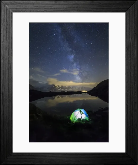 Framed Print : Camping under the stars and Milky Way on the shores of Lac de Cheserys, Chamonix Framed Print : Camping under the stars and Milky Way on the shores of Lac de Cheserys, Chamonix