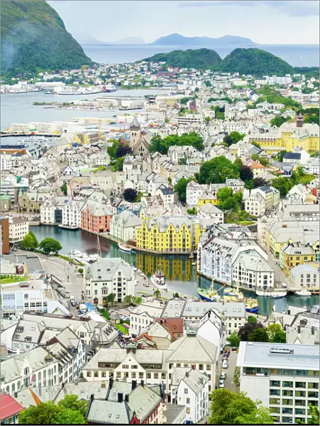 High view of the harbour and town of Alesund, Norway, Scandinavia, Europe