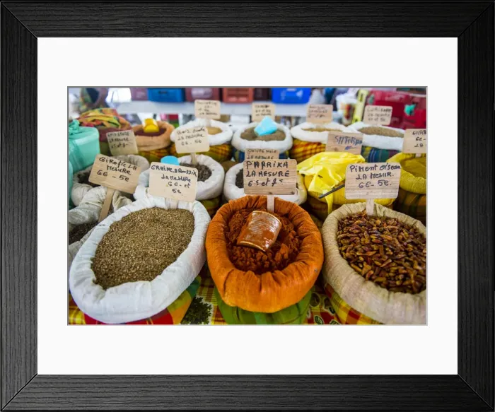 Framed Print : Spices for sale on the covered Spice market, Pointe-a-Pitre, Guadeloupe, French Overseas Department Framed Print : Spices for sale on the covered Spice market, Pointe-a-Pitre, Guadeloupe, French Overseas Department