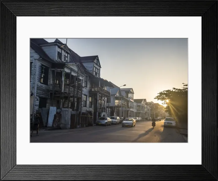 Framed Print : Colonial wooden buildings at sunrise, UNESCO World Heritage Site, Paramaribo, Surinam Framed Print : Colonial wooden buildings at sunrise, UNESCO World Heritage Site, Paramaribo, Surinam