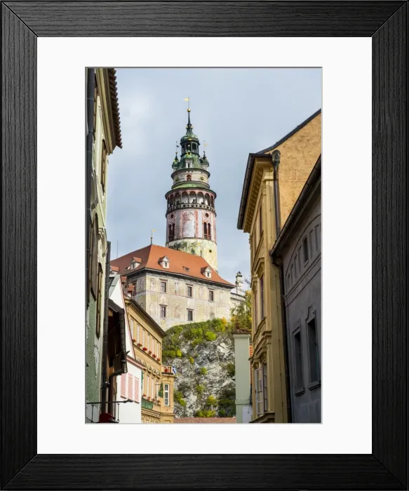 Framed Print : View through the gothic house facades to the Krumlov castle, UNESCO World Heritage Site Framed Print : View through the gothic house facades to the Krumlov castle, UNESCO World Heritage Site
