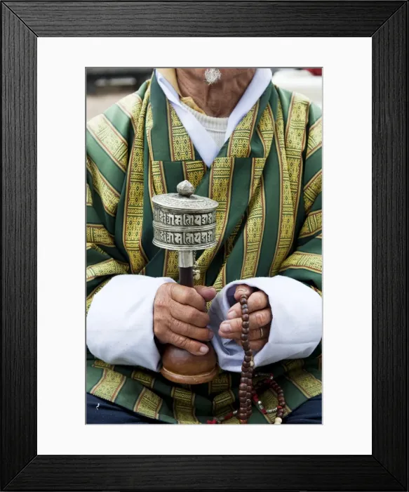 Framed Print : Local man holding a prayer wheel and beads, Paro District, Bhutan, Asia Framed Print : Local man holding a prayer wheel and beads, Paro District, Bhutan, Asia