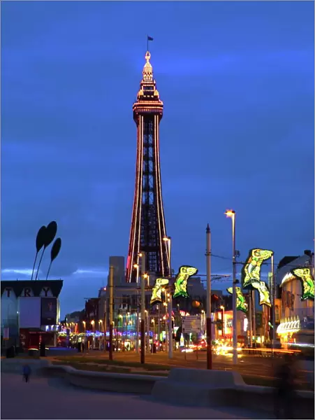 Blackpool illuminations with the tower and street mermaid decorations, Blackpool