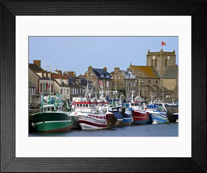 Framed Print : Fishing boats and harbour, and 17th century church in the background, Barfleur, one Framed Print : Fishing boats and harbour, and 17th century church in the background, Barfleur, one